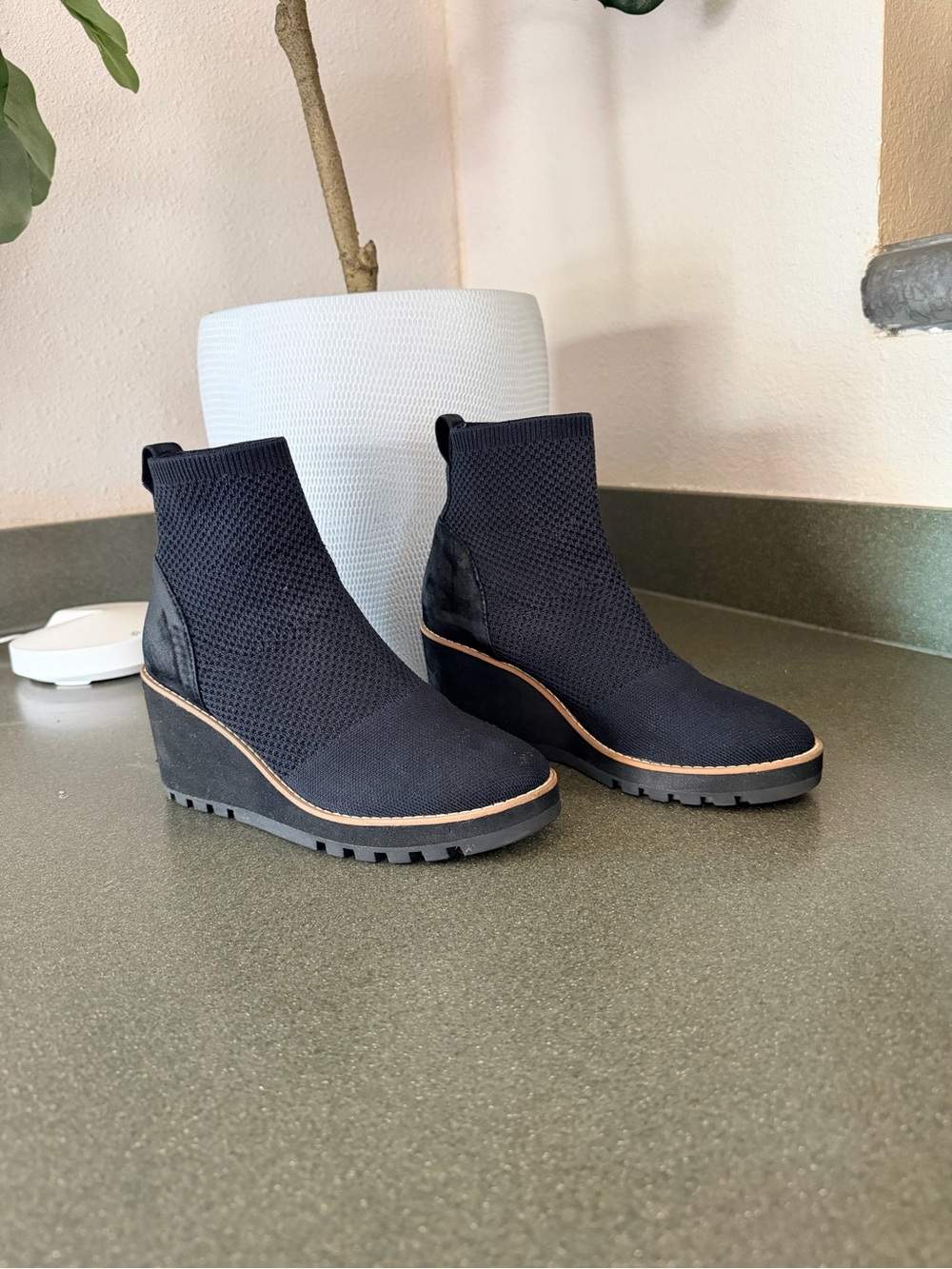 Eileen Fisher Stretch Knit Wedge Ankle Boot Black Fabric